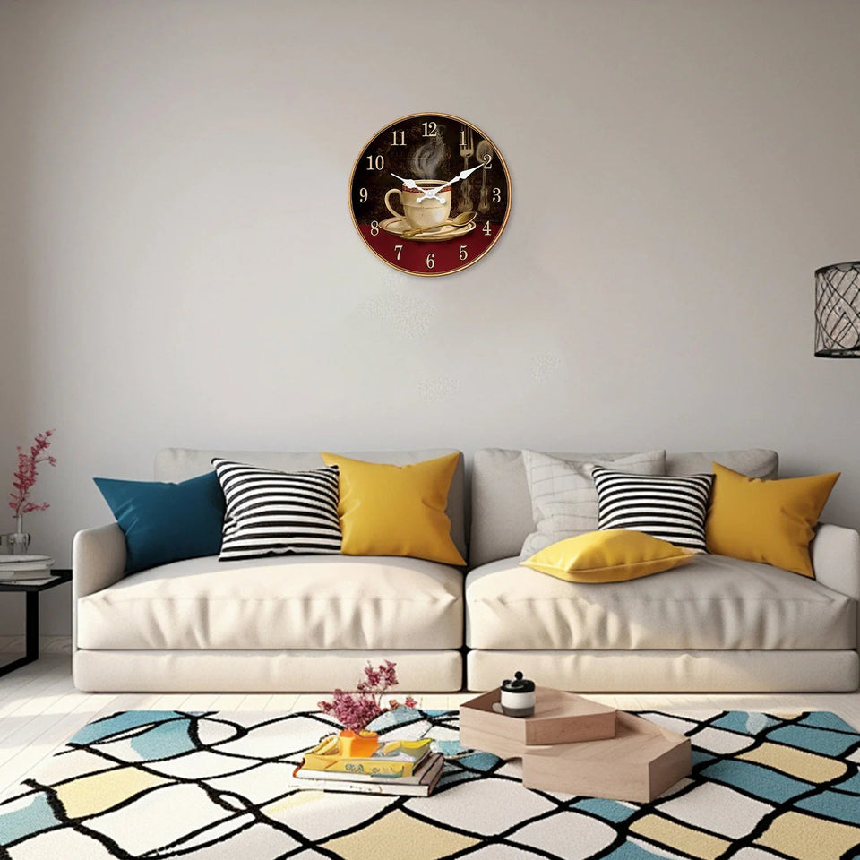 Retro Coffee Cup Pattern Wooden Wall Clock Living Room Bedroom Kitchen Home Decoration Wall Clock Silent Quartz Clock Holiday Gift 11.2inch Inches 15.6inch Inches (Without Battery) Aimak Store