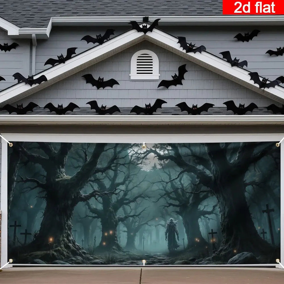 2D banner 1 piece, Halloween Garage Door - Scary forest, Cape figure, Twisted tree, garage door cover Halloween decoration Aimak Store