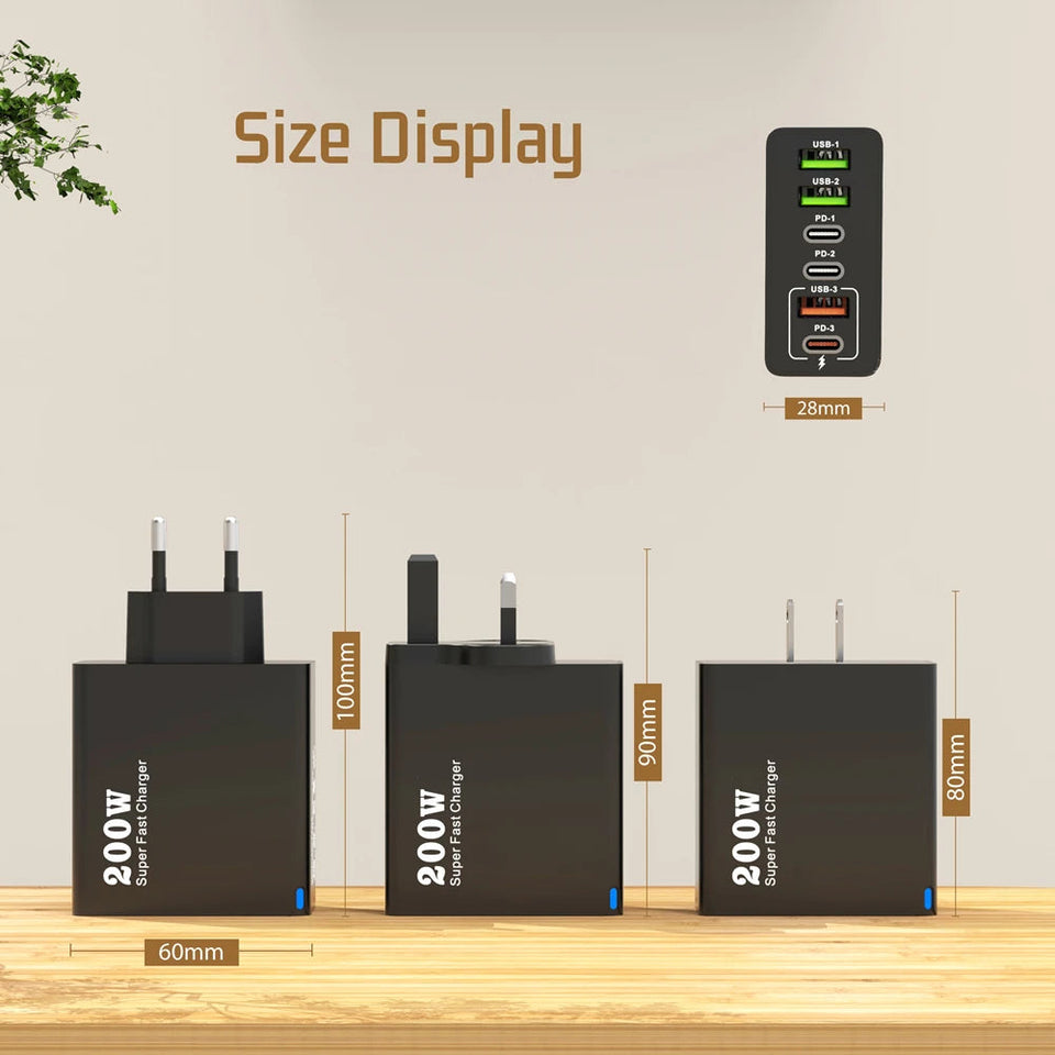 200W 6 Port USB C Charger Super Fast Charging PD3.0 USB C Type C Mobile Phone Charger For iPhone 16 SE4 Samsung Xiaomi ipad Aimak Store