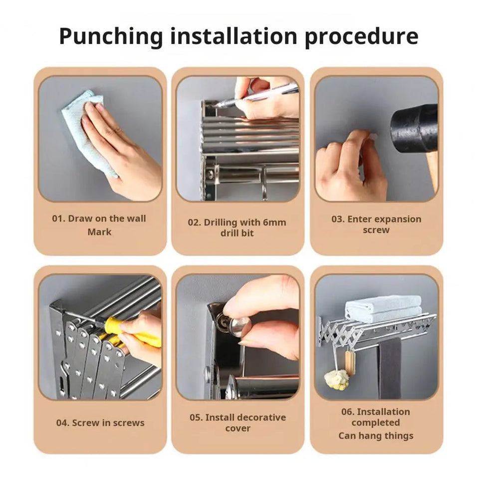 Foldable Clothes Drying Rack Wall-Mounted Clothes Towel Rack Corrosion Resistant Expandable Retractable Bathroom Laundry Rack Aimak Store