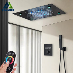 Black Thermostatic Bathroom Shower Faucet Set Remote LED Rainfall Head Faucets Crane 3 Way Concealed Embedded Hot Cold Mixer Tap Aimak Store