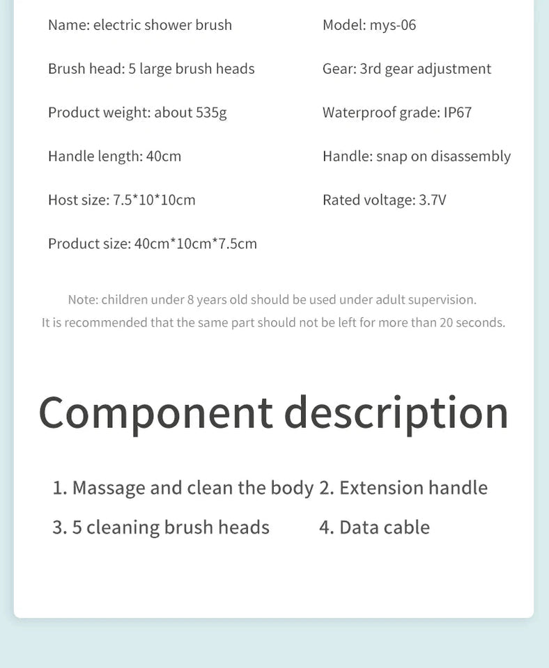 Multifunction Detachable Electric Bath Brush 5in1 Facial Cleansing Skin Grinding Back Rubbing Long Handle Massage Shower Brush Aimak Store