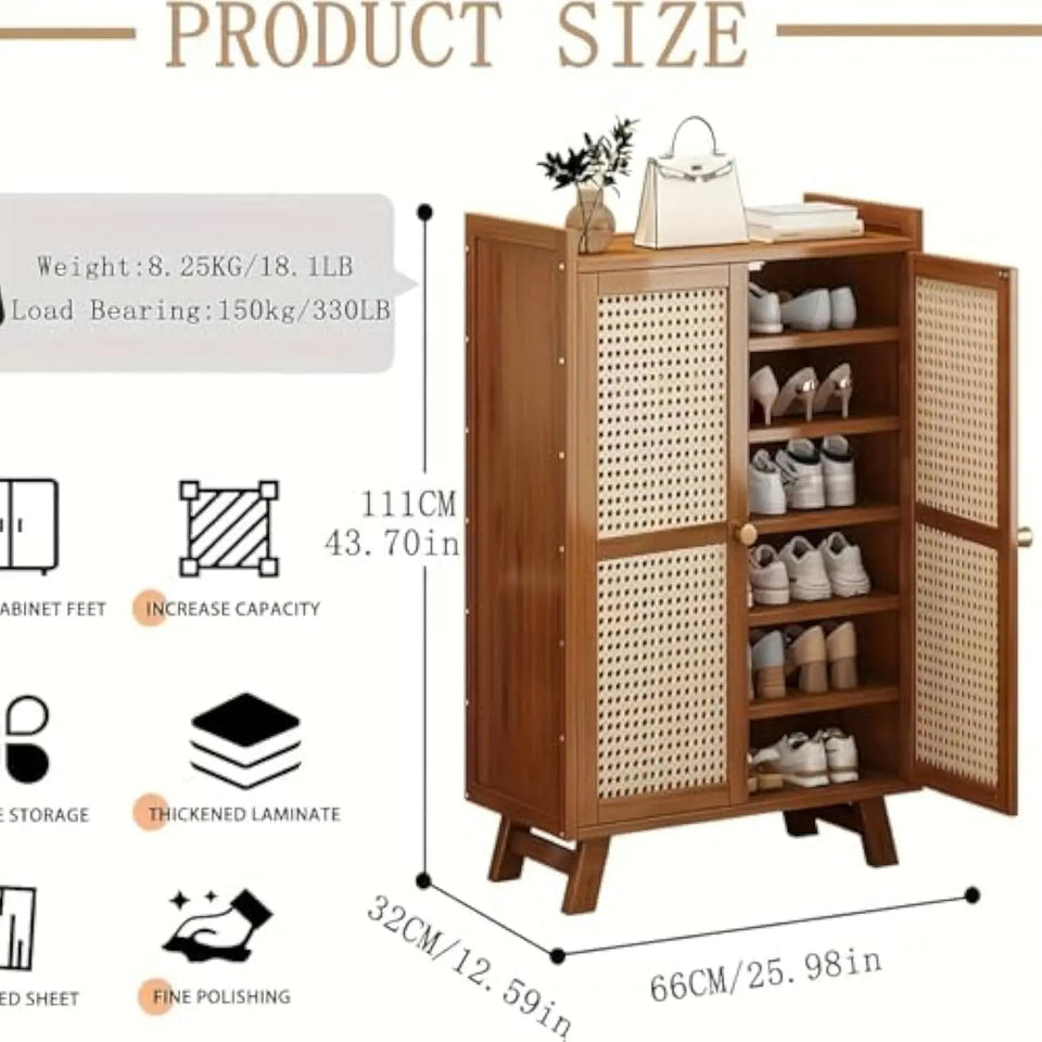 Bamboo Shoe Cabinet, 2-Door Entrance Shoe Cabinet, 7-Layer Standing Shoe Storage Box, Adjustable Shelf, Retro Shoe Cabinet Shoe Aimak Store