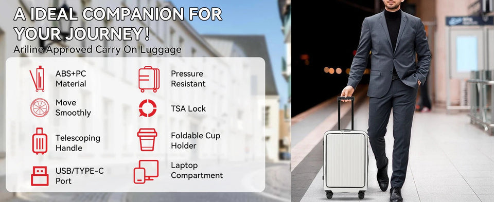 20 Inch Cabin Suitcase Front Opening Spinner Wheel Travel Rolling Luggage For Men Women Trolley Case With TSA Lock,USB Charging Aimak Store
