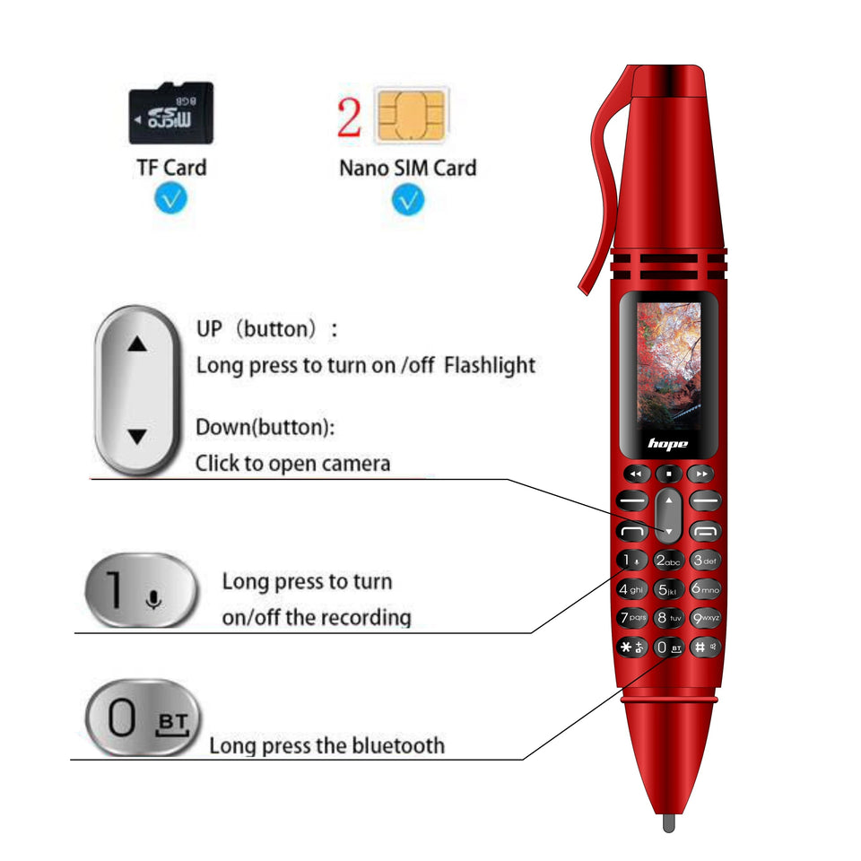 UNIWA AK007 2G Mini Pen Phone Dual Nano SIM Cellphone 0.96" 550mAh Mobile Phone Bluetooth Dialer 0.08MP Camera Voice Recorder Aimak Store