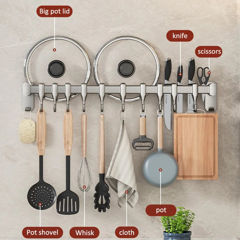 Kitchen Storage Rack Non-perforated shelves Wall Mounted with Movable hook Spoon Holder Organizer Kitchen Utensil Accessories Aimak Store