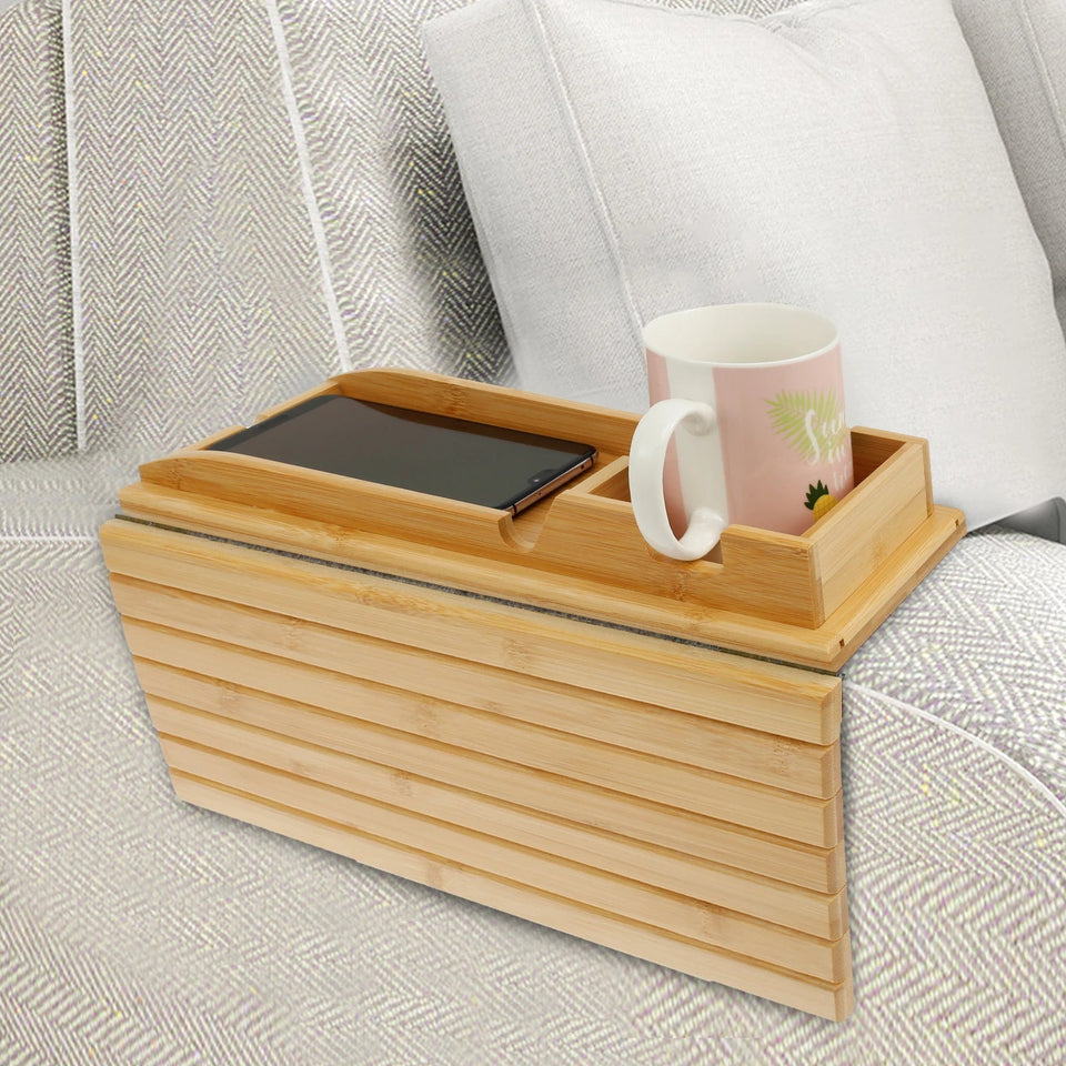 Couch Cup Holder Bamboo Wood Sofa Armrest Tray Foldable Sofa Cup Holder Anti-Slip Couch Arm Cup Holder Sofa Side Storage Tray Aimak Store