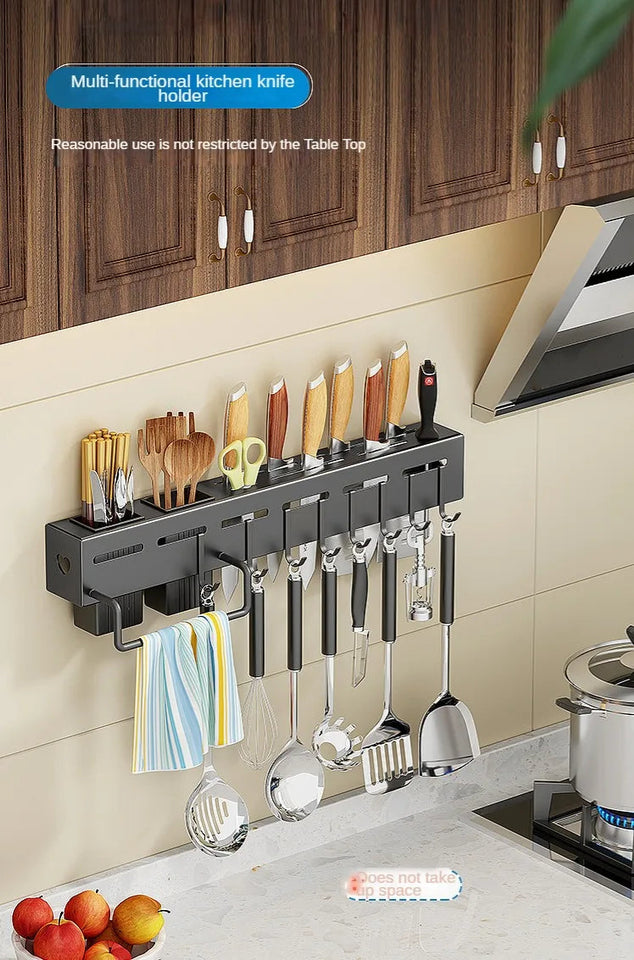 Stainless Steel Frame Wall Mounted Knife Holder Kitchen Nail Free Storage Rack Knife With Hook Kitchen Cabinet Storage Rack Aimak Store