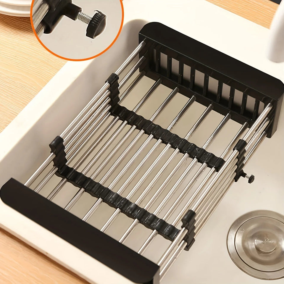 1pc Adjustable Dish Drainer Telescopic Over Sink Dish Drying Rack with  Fruit Vegetable Drain Basket Kitchen Tools and Utensils Aimak Store