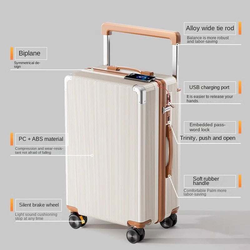 18-28Inch Wide Trolley Suitcase Mute Brake Wheels USB Port Password Boarding Box Multifunctional Large Capacity Suitcase Aimak Store
