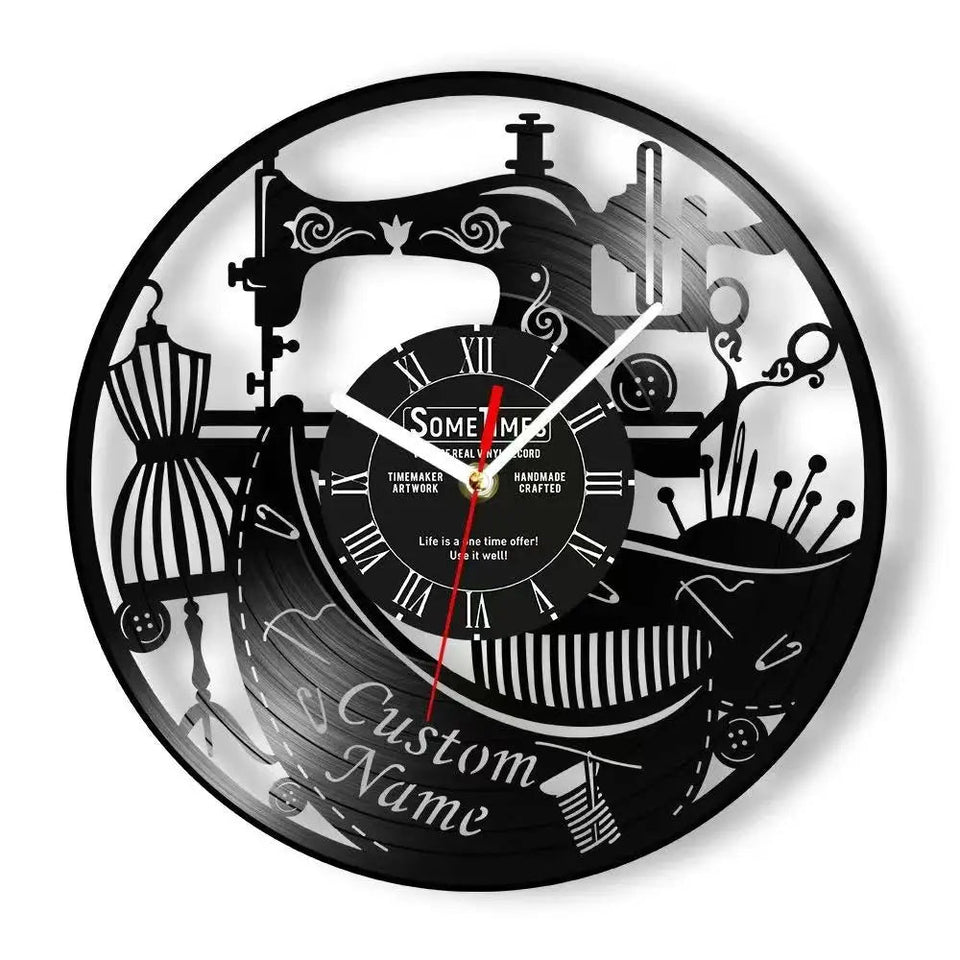 Sewing Machine Customization Vinyl Record Wall Clock Quilting Room Decoration Logo Personalized Tailor Name Clock Tailor Gift Aimak Store