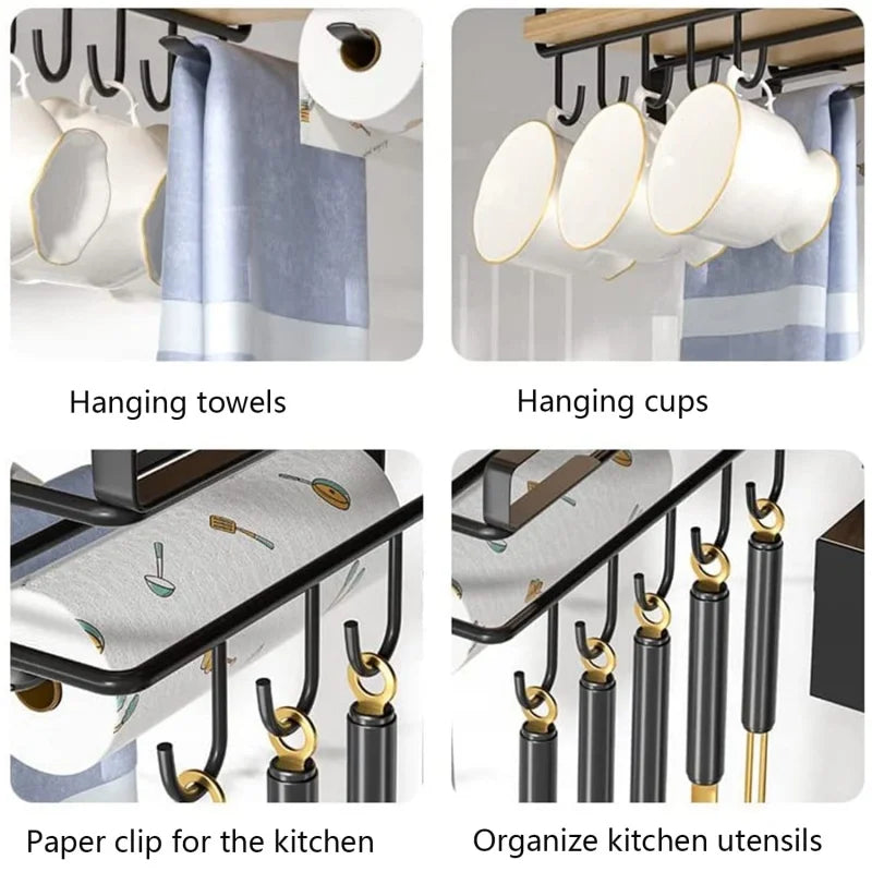 New Kitchen Hanging Organizer Rack with Hook Under Cupboard Paper Towel Rags Hanger Cutting Board Pot Cover Holder Storage Shelf Aimak Store