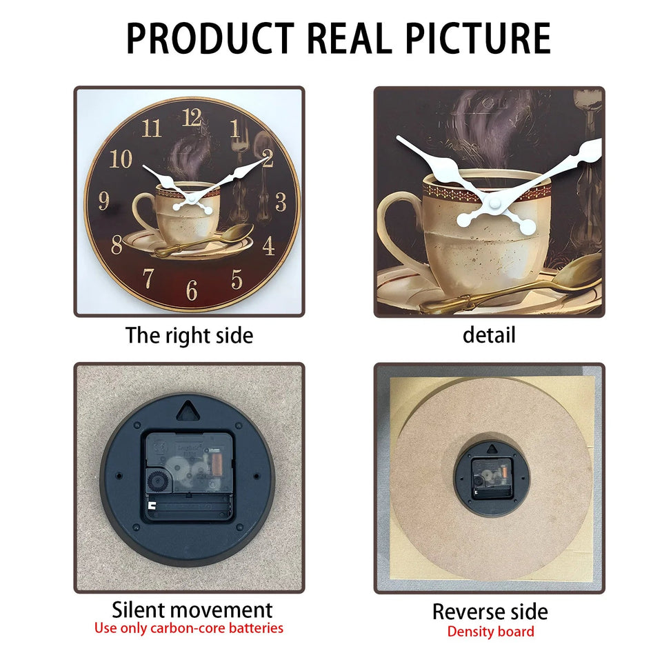 Retro Coffee Cup Pattern Wooden Wall Clock Living Room Bedroom Kitchen Home Decoration Wall Clock Silent Quartz Clock Holiday Gift 11.2inch Inches 15.6inch Inches (Without Battery) Aimak Store