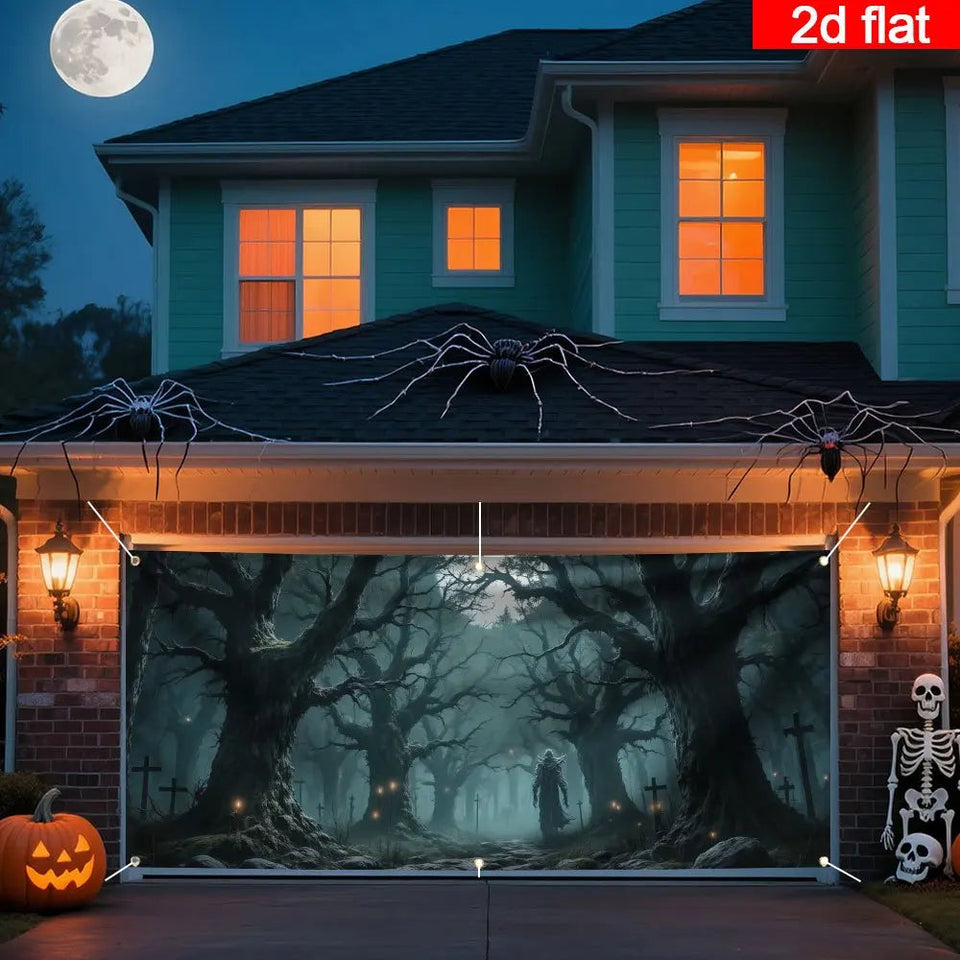 2D banner 1 piece, Halloween Garage Door - Scary forest, Cape figure, Twisted tree, garage door cover Halloween decoration Aimak Store