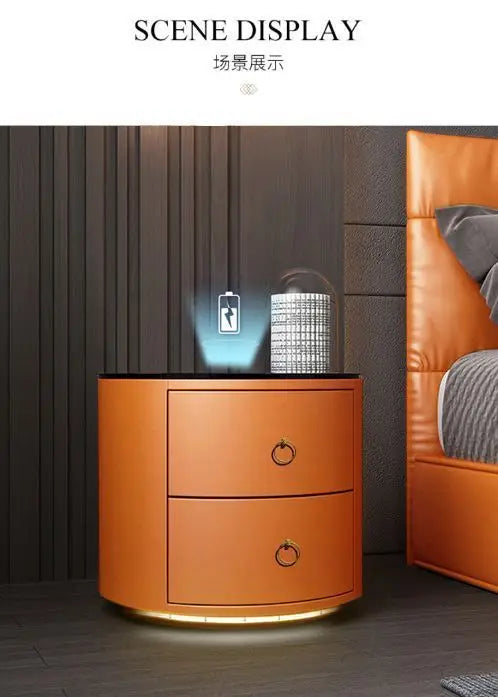 Smart nightstand, modern simple creative bedside table, light luxury senior sense of round net red leather household shelf Aimak Store