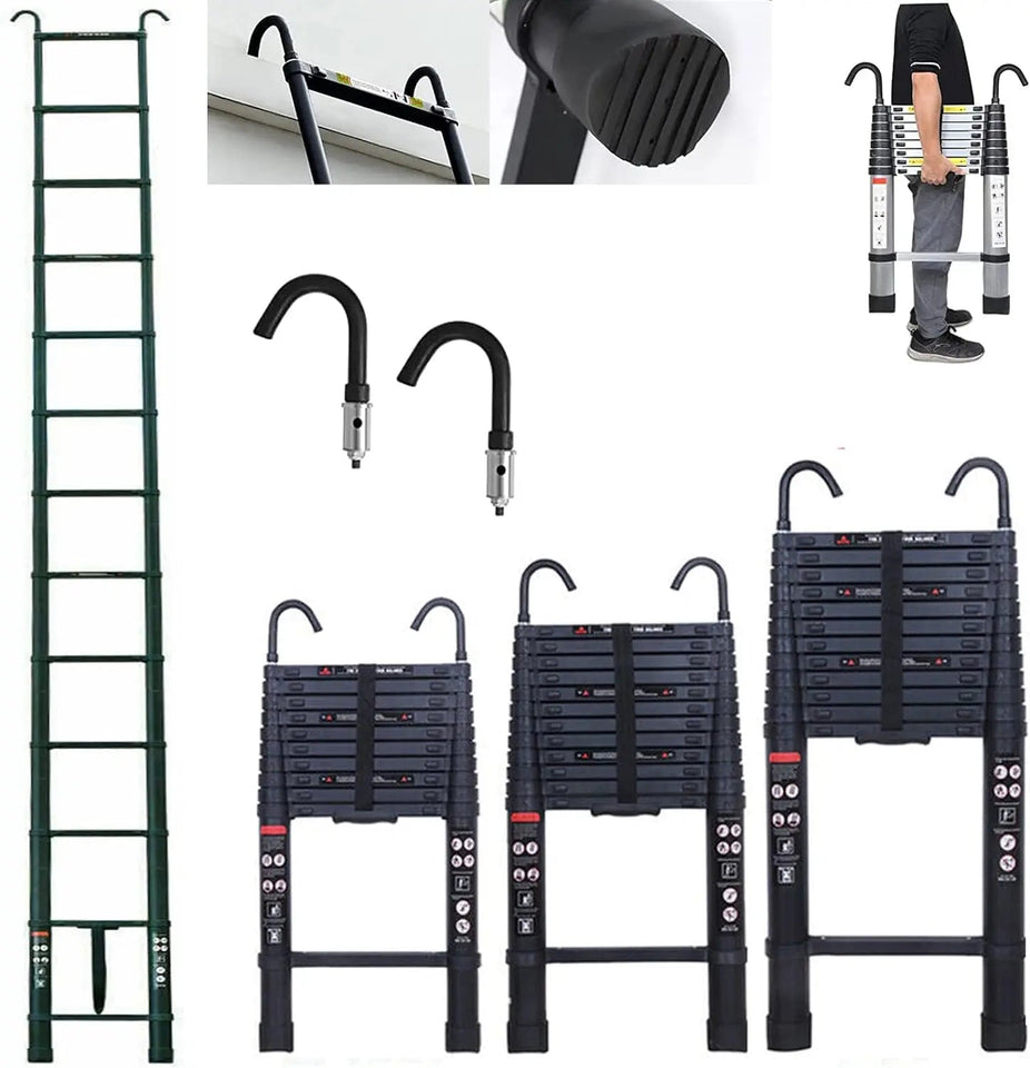 DayPlus 3.2-6.2M Telescopic Ladder with Roof Hook Kit Aluminium Portable Multi-Purpose Folding Portable Heavy Duty Extendable Aimak Store