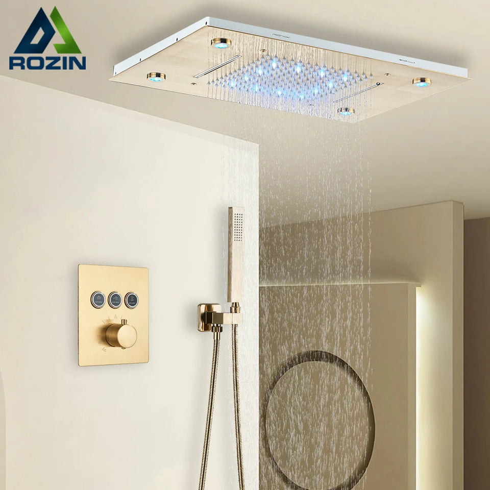 Black Thermostatic Bathroom Shower Faucet Set Remote LED Rainfall Head Faucets Crane 3 Way Concealed Embedded Hot Cold Mixer Tap Aimak Store