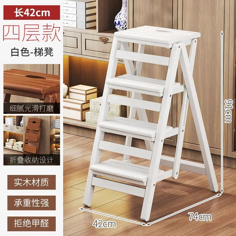Multi-functional Bamboo Wood Folding Ladder Chair Kitchen Hat Rack 2 Step Ladder Province Space Stair Chair Plant Rack Furniture