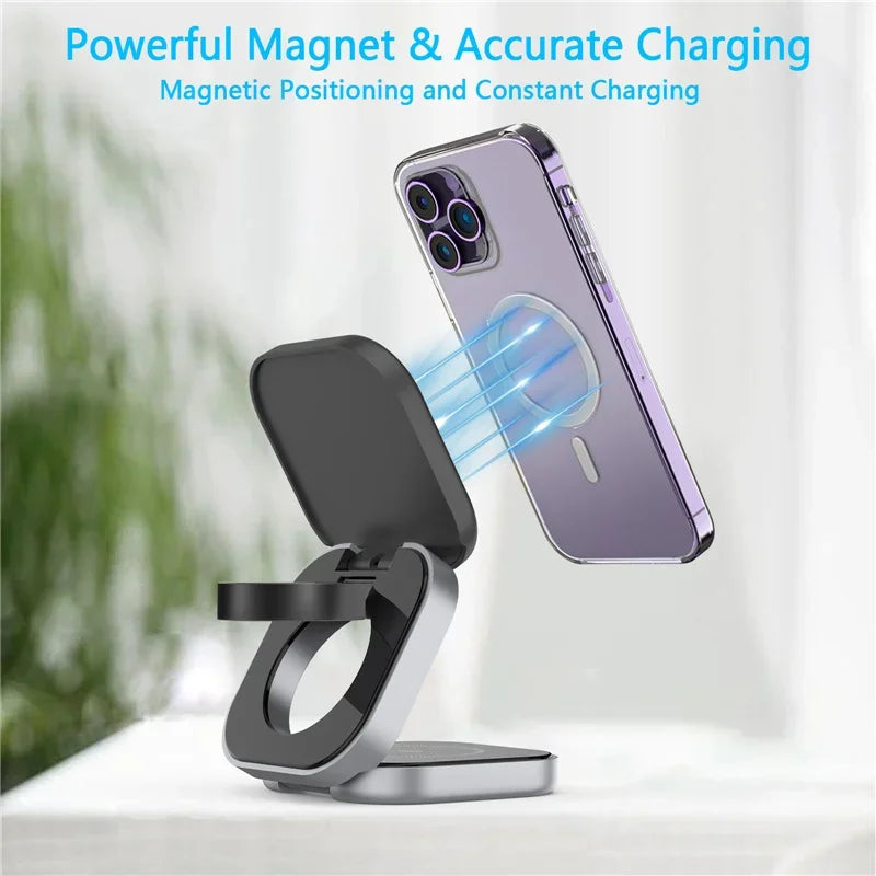 3 In 1 Foldable Magnetic Wireless Charger Stand For iPhone 16 15 14 Samsung IWatch AirPods 3/2 Station Dock Fast Charging Holder Aimak Store