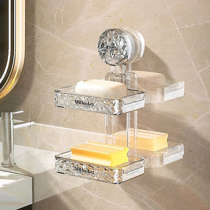 1 suction cup soap box, non perforated wall mounted bathroom shelf, double-layer drainage soap box