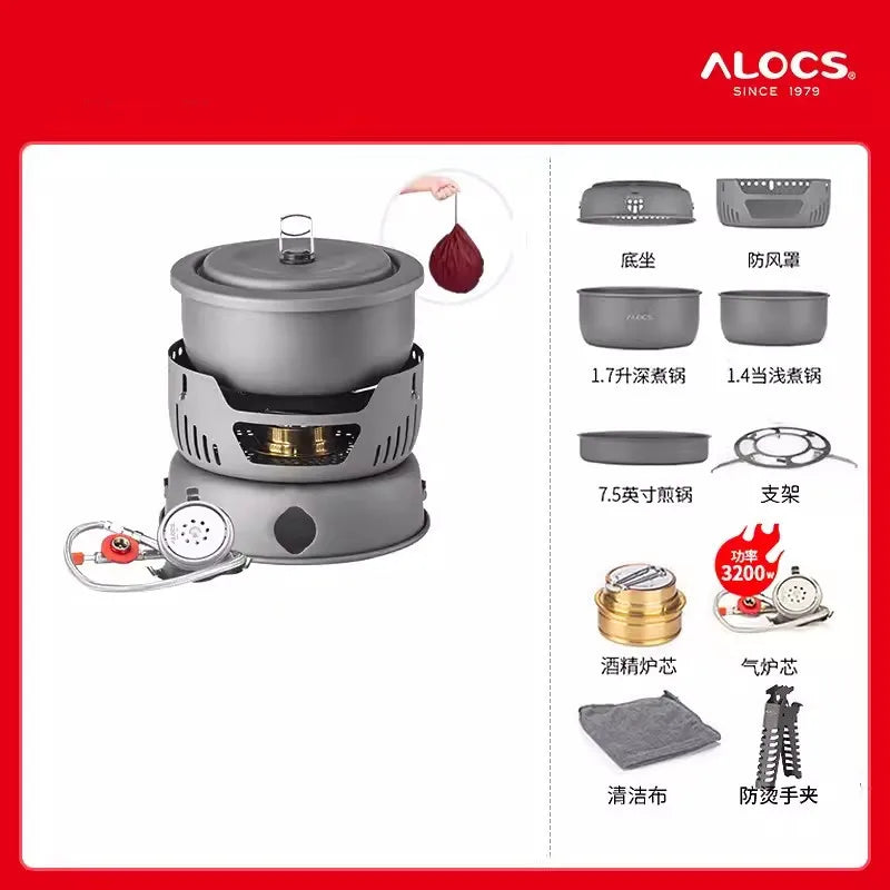 Outdoor Cooking Pot Set ALOCS CW-C05 Camping Portable Easy Storage Picnic Pot With Alcohol Stove Blast Proof Stove Cover Pot Aimak Store