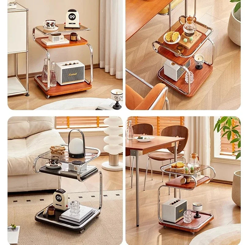 Medieval Style Sofa Side Table Bedside Cabinet Living Room Mobile Coffee Table with Wheels Small Cart Multi-layer Bed Head Shelf Aimak Store