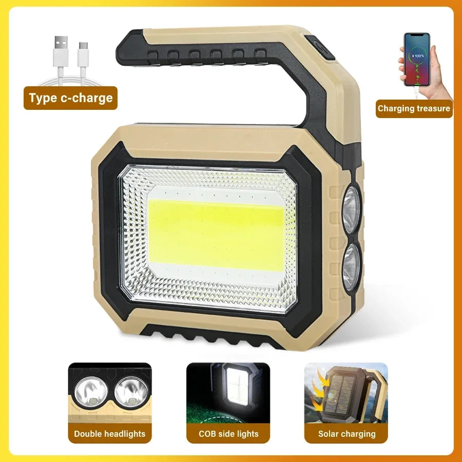 Solar Powered LED Handheld Light Super Bright Work Searchlight Waterproof Outdoor Camping Portable Hiking Flashlight