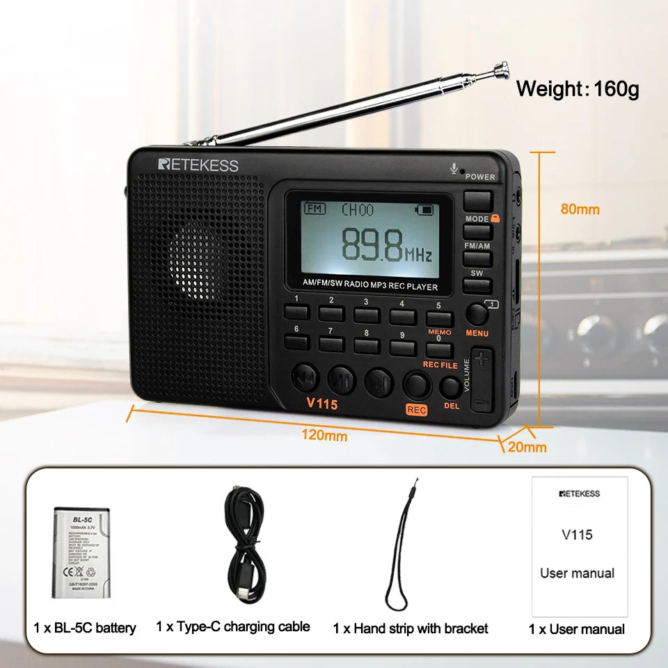 Retekess V115 Radio FM AM SW Portable Radios AM FM Rechargeable Shortwave Radio Battery Powered Full Waves USB Recorder For Gift Aimak Store