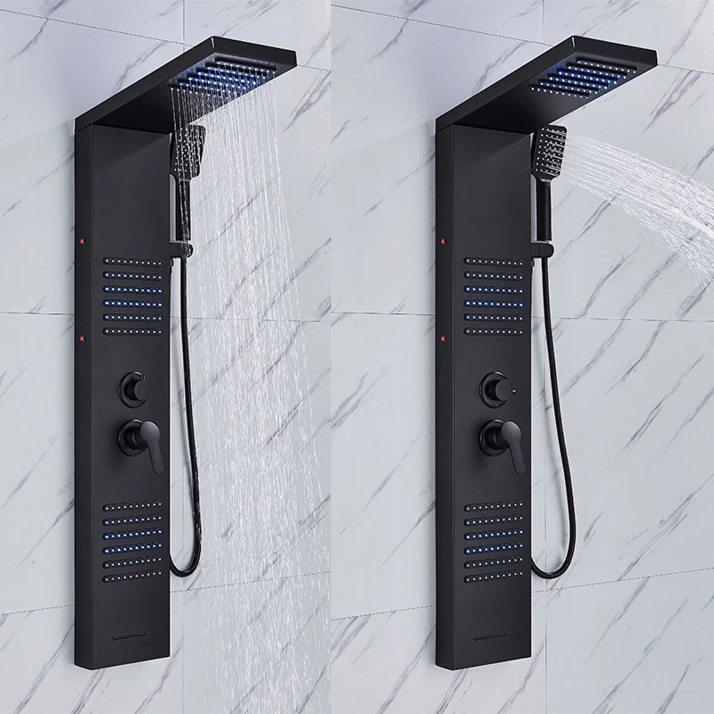 Black LED Shower Panel Tower System Rain Waterfall Shower Column Hydroelectricity Massage Body Spa Bath Shower Faucet Mixer Aimak Store