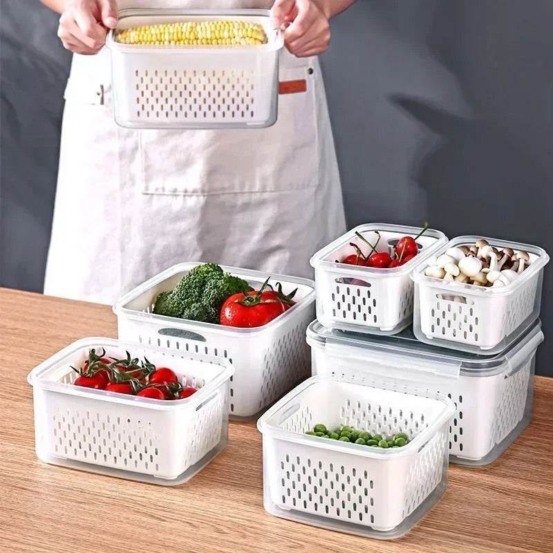 Multipurpose Refrigerator Storage Container with Drain Basket Crisper and Storage Box for Fruits Vegetables Aimak Store