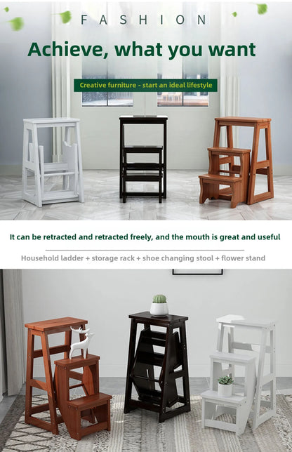 Innovative Multifunctional Household Ladder: Solid Wood Folding Storage, Dual-Use Ladder Chair, Climbing Stool for Home