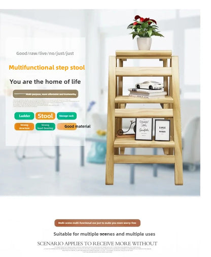 Multi-functional Bamboo Wood Folding Ladder Chair Kitchen Hat Rack 2 Step Ladder Province Space Stair Chair Plant Rack Furniture