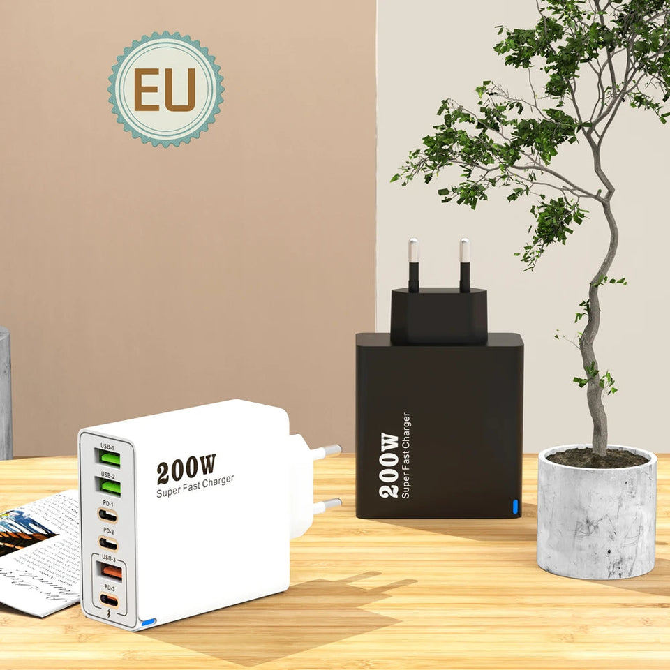 200W 6 Port USB C Charger Super Fast Charging PD3.0 USB C Type C Mobile Phone Charger For iPhone 16 SE4 Samsung Xiaomi ipad Aimak Store
