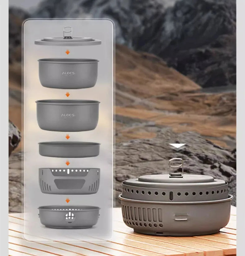 Outdoor Cooking Pot Set ALOCS CW-C05 Camping Portable Easy Storage Picnic Pot With Alcohol Stove Blast Proof Stove Cover Pot Aimak Store