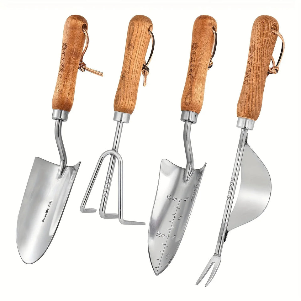 4pcs/set Heavy-duty Garden Tool,Durable Stainless Steel And A Sturdy Wooden Handle. Includes Hand Shovel, Trowel, Garden Rake Aimak Store