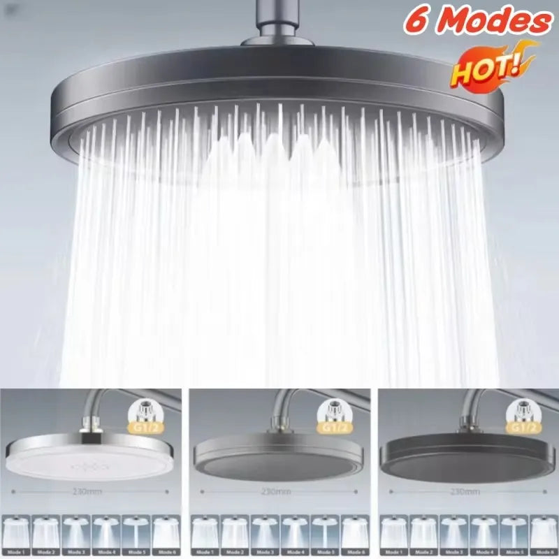 New 230mm Big Panel Showerhead 6 Mode Supercharge Rainfall Shower Head High Pressure Top Rain Shower Faucet Bathroom Accessories Aimak Store