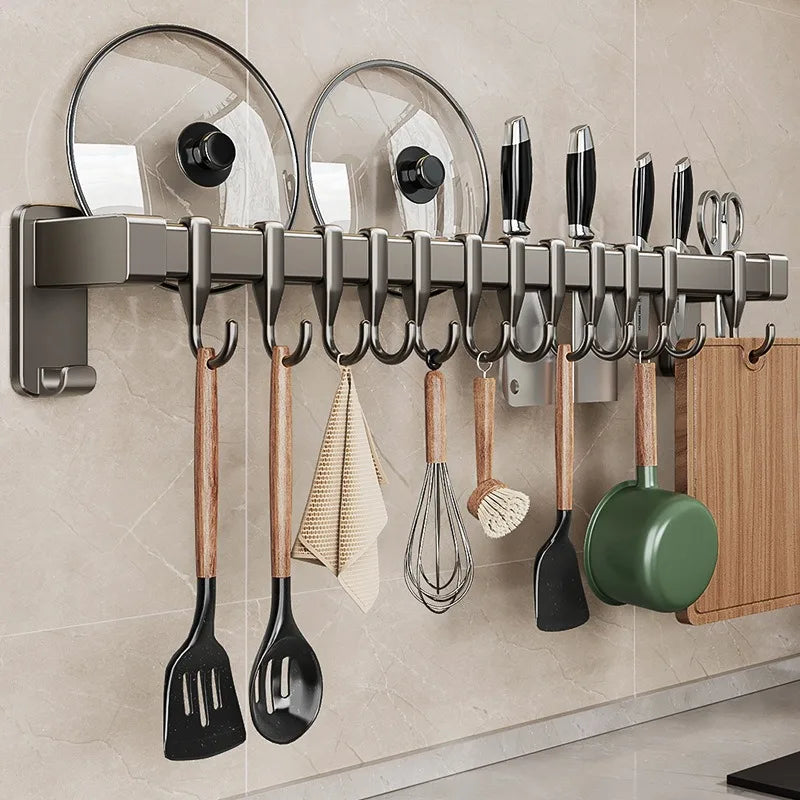 Kitchen Storage Rack Non-perforated shelves Wall Mounted with Movable hook Spoon Holder Organizer Kitchen Utensil Accessories Aimak Store