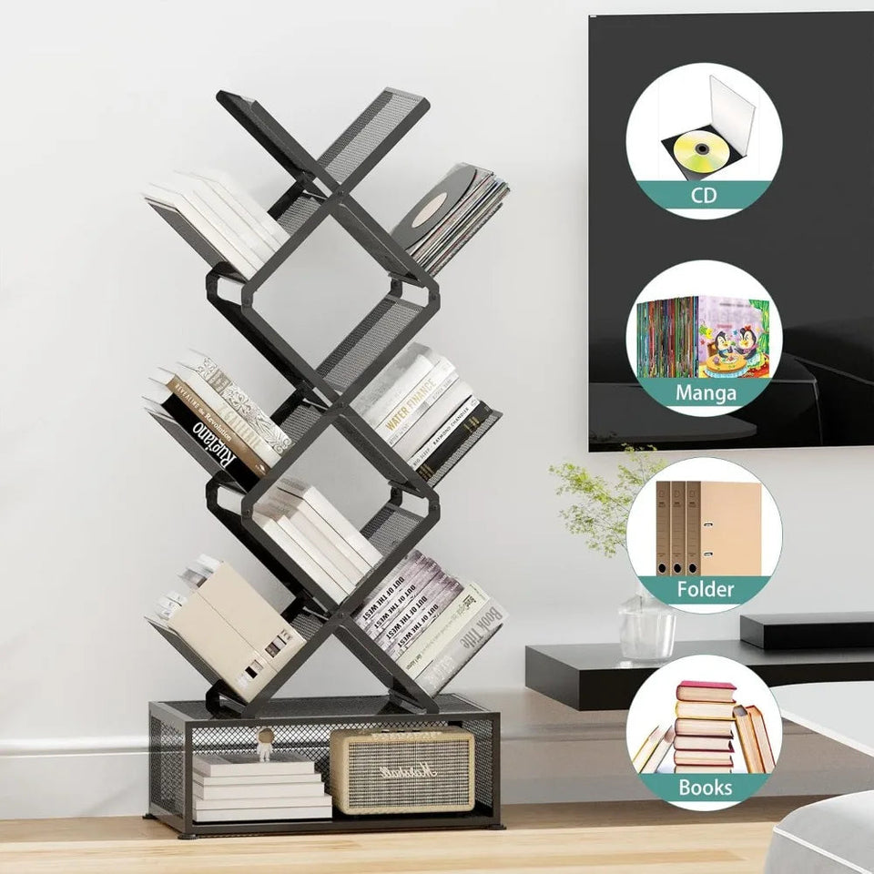 9 Tier Tree Bookshelf with Storage Cabinet,Stylish Design Metal Bookcase for Display of CDs, Bookcases Aimak Store