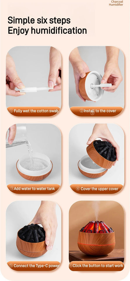 2024 New 300ML Artificial Charcoal Fire Air Humidifier Aroma Diffuser Mist Sprayer Mini Diffuser with Night Light for Home Aimak Store