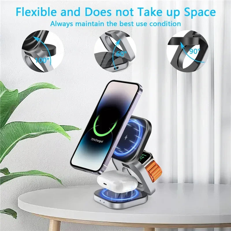 3 In 1 Foldable Magnetic Wireless Charger Stand For iPhone 16 15 14 Samsung IWatch AirPods 3/2 Station Dock Fast Charging Holder Aimak Store