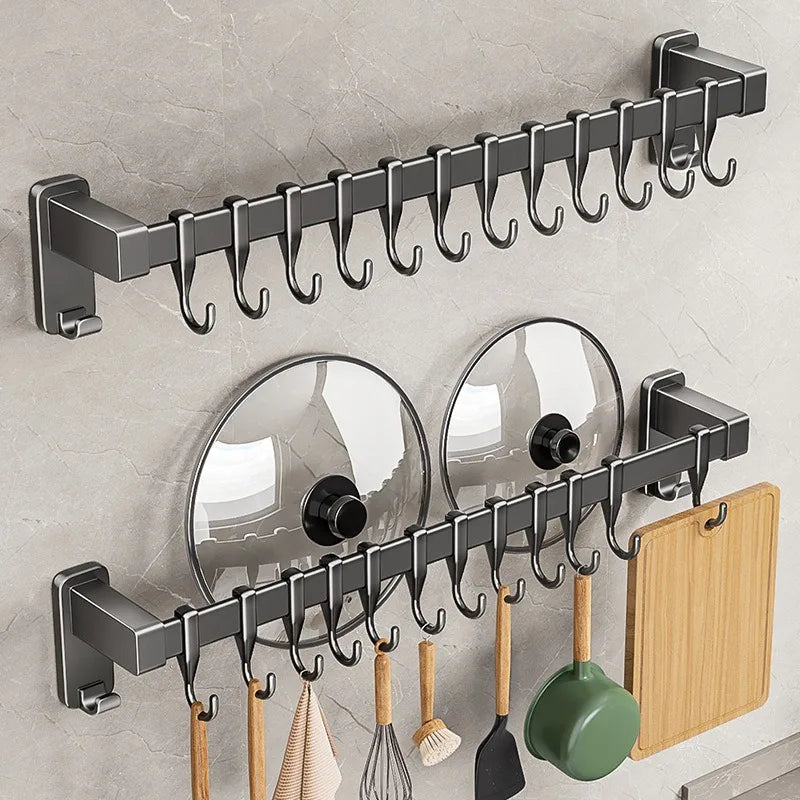 Kitchen Storage Rack Non-perforated shelves Wall Mounted with Movable hook Spoon Holder Organizer Kitchen Utensil Accessories Aimak Store