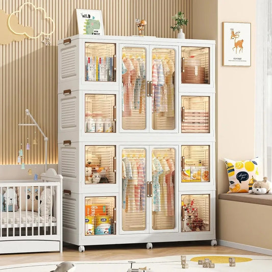 Portable Wardrobe Closet, Large Collapsible Plastic Wardrobe with Wheels, Foldable Clothes Storage Cabinet with 8 Shelves