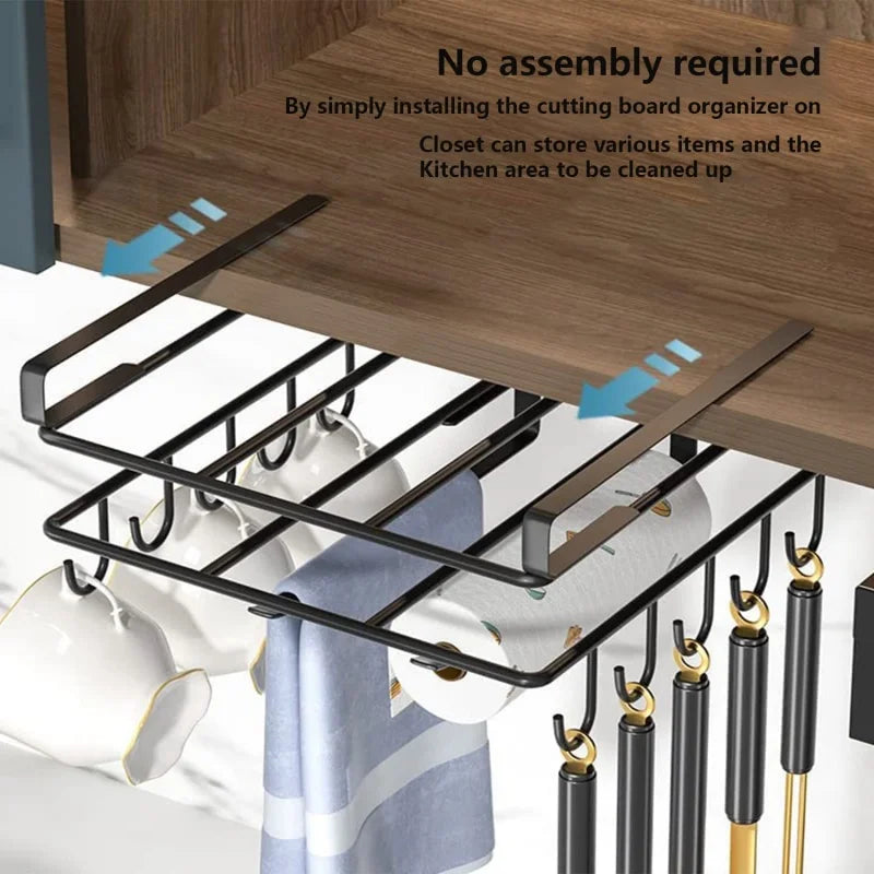New Kitchen Hanging Organizer Rack with Hook Under Cupboard Paper Towel Rags Hanger Cutting Board Pot Cover Holder Storage Shelf Aimak Store