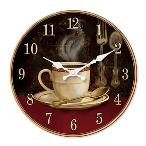 Retro Coffee Cup Pattern Wooden Wall Clock Living Room Bedroom Kitchen Home Decoration Wall Clock Silent Quartz Clock Holiday Gift 11.2inch Inches 15.6inch Inches (Without Battery) Aimak Store