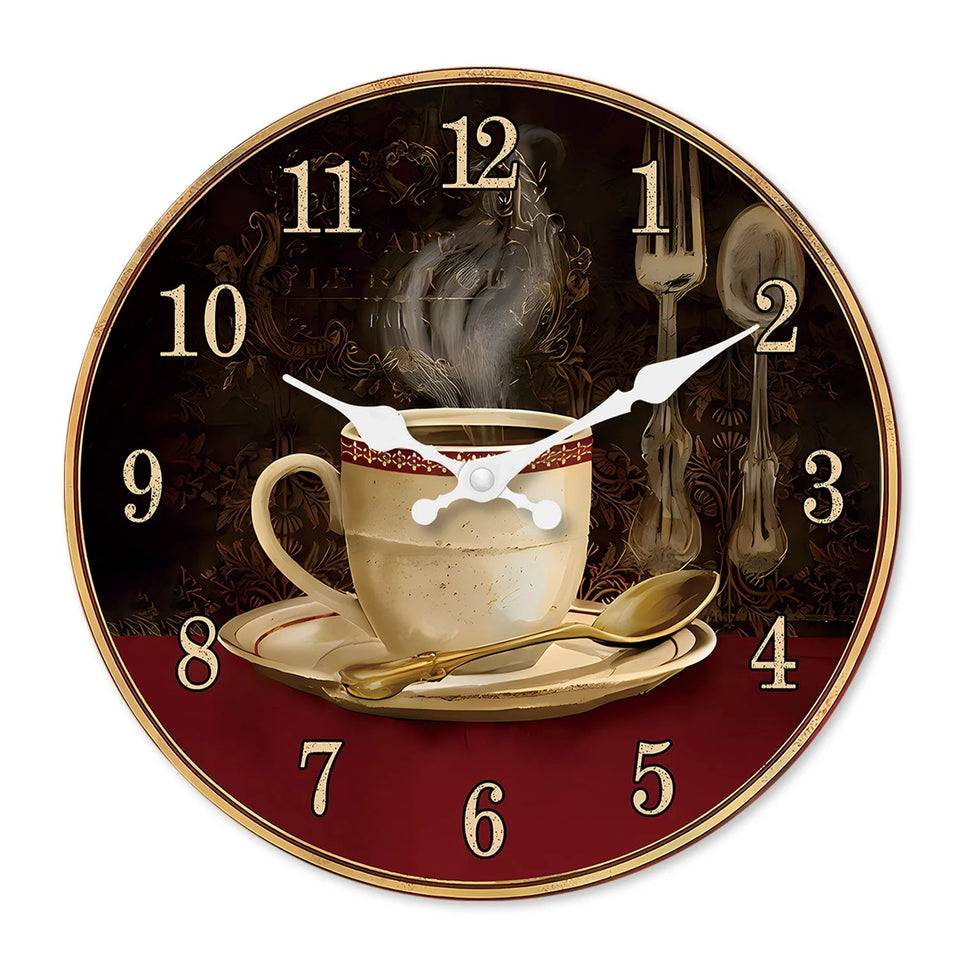 Retro Coffee Cup Pattern Wooden Wall Clock Living Room Bedroom Kitchen Home Decoration Wall Clock Silent Quartz Clock Holiday Gift 11.2inch Inches 15.6inch Inches (Without Battery) Aimak Store