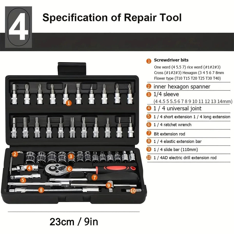 46pc Drive Socket Set 1/4 inch Ratchet Wrench Set with Sockets Metric Hex Bit Socket Set Mechanic Tool Kits for Auto Repair Hous Aimak Store