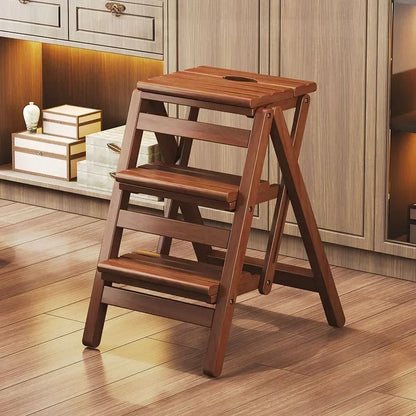 Multi-functional Bamboo Wood Folding Ladder Chair Kitchen Hat Rack 2 Step Ladder Province Space Stair Chair Plant Rack Furniture