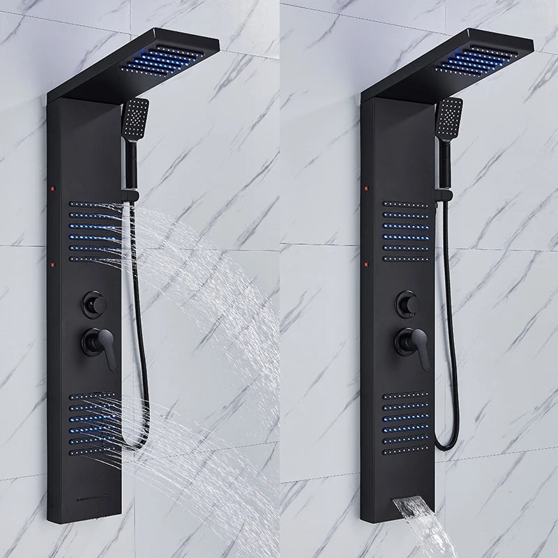 Black LED Shower Panel Tower System Rain Waterfall Shower Column Hydroelectricity Massage Body Spa Bath Shower Faucet Mixer Aimak Store