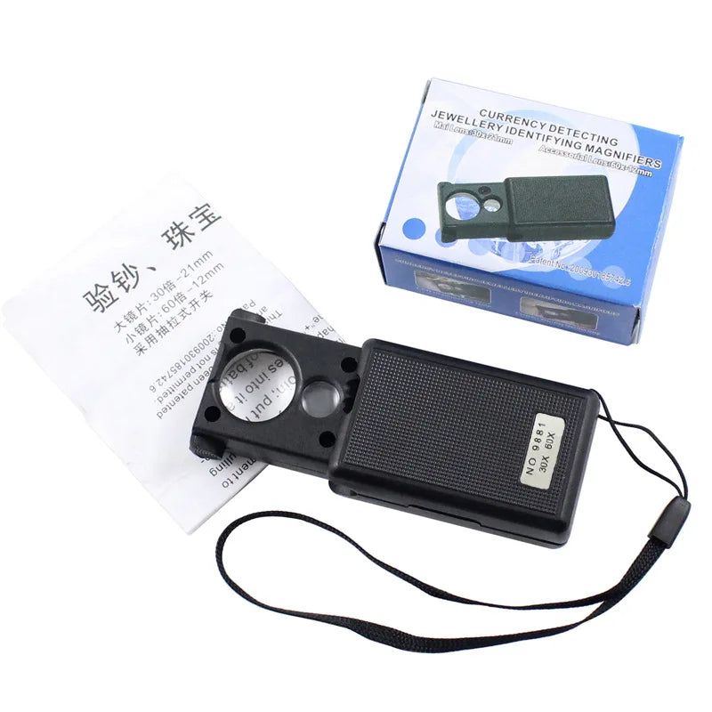 30X 60X Pocket Jewelry Magnifier Slide Out Illuminated Magnifying Glass with LED UV Light Handheld Loupe Lens For Diamond Coins Aimak Store