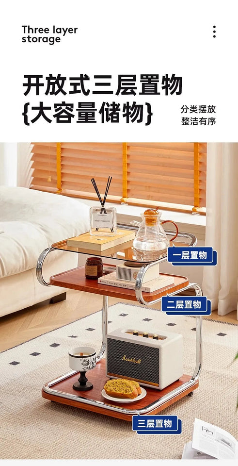 Medieval Style Sofa Side Table Bedside Cabinet Living Room Mobile Coffee Table with Wheels Small Cart Multi-layer Bed Head Shelf Aimak Store